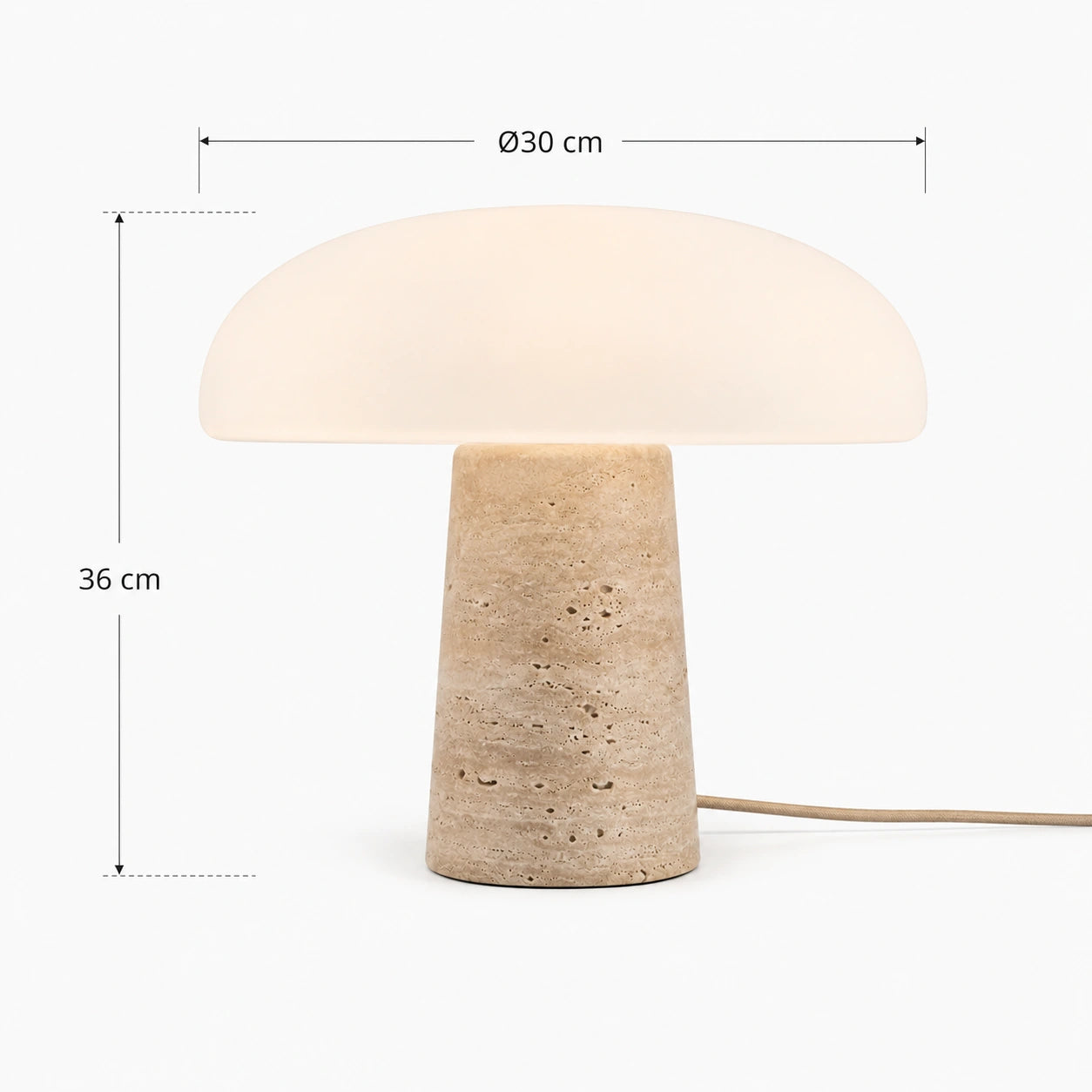 Dimensões da Luminária Cala com 36 cm de altura e 30 cm de diâmetro máximo