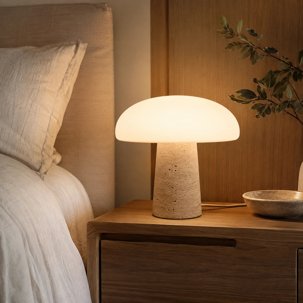 Luminária Cala sobre criado-mudo em quarto contemporâneo com linho e iluminação quente