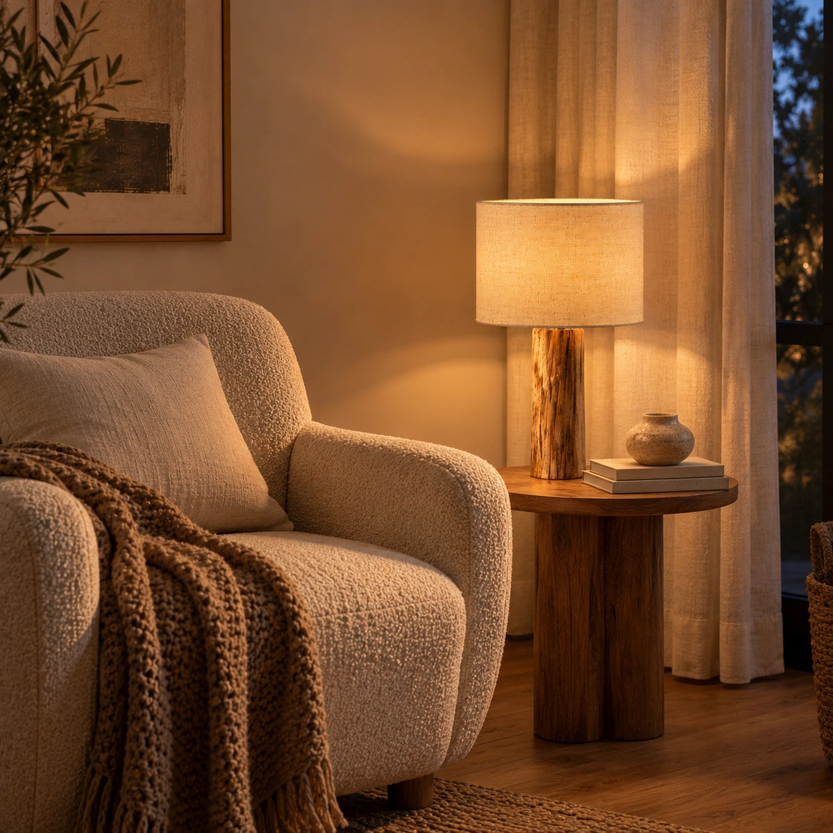Luminária de Mesa Céleste em canto de leitura com poltrona e decoração neutra