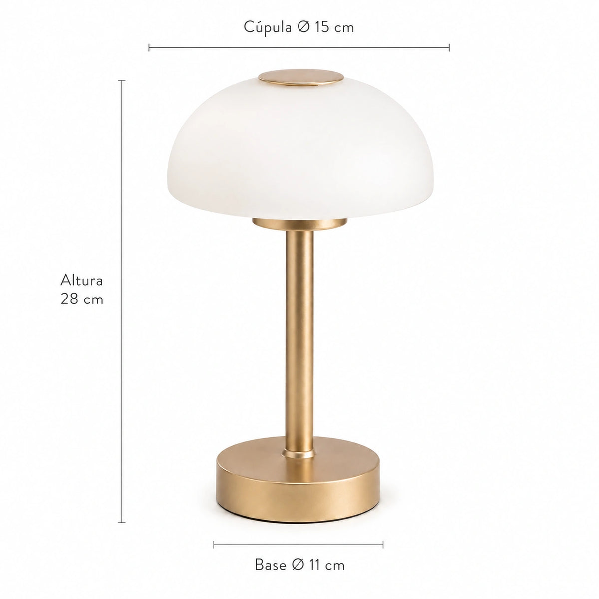 Dimensões da Luminária Portátil Alina com 28 cm de altura, cúpula de 15 cm e base de 11 cm de diâmetro