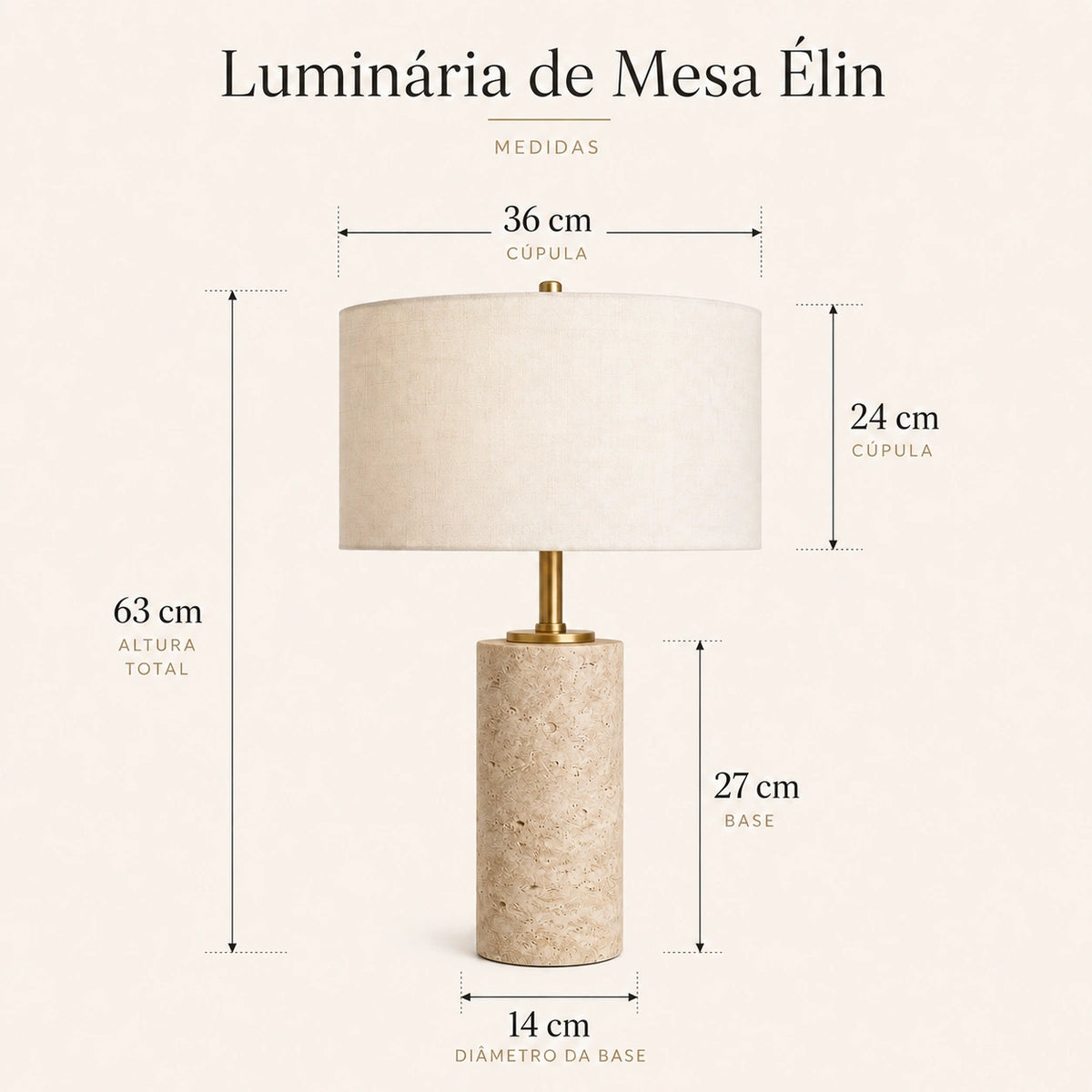 Infográfico de medidas aproximadas da Luminária de Mesa Élin em Travertino e Linho, com altura total de 63 cm, cúpula de 36 cm x 24 cm e base de 14 cm x 27 cm.