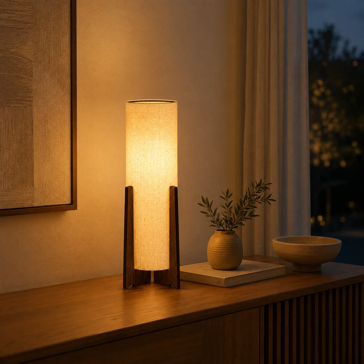 Luminária Maelle acesa com luz quente e cúpula de tecido em ambiente sofisticado