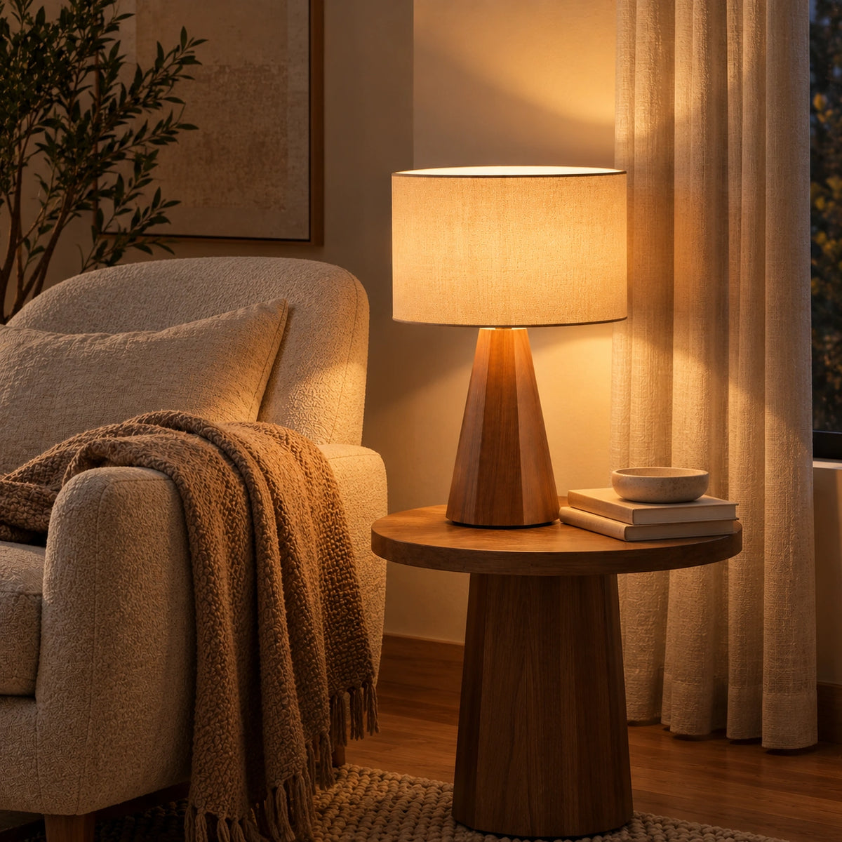 Luminária de Mesa Maëlys em canto de leitura com poltrona e decoração em tons neutros