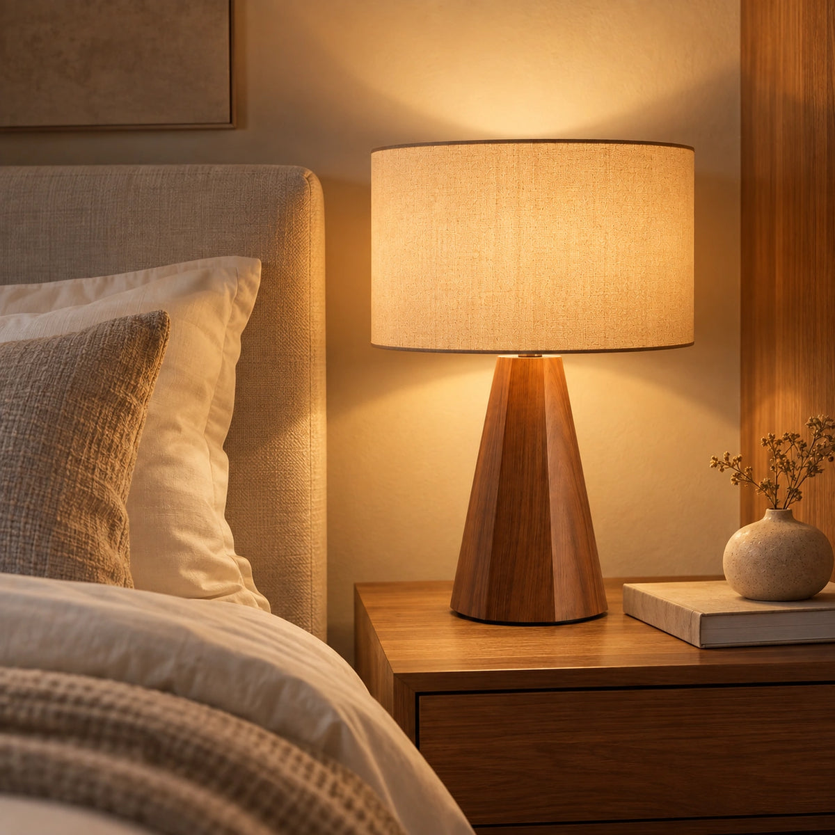 Luminária Maëlys sobre mesa de cabeceira em quarto contemporâneo com decoração neutra