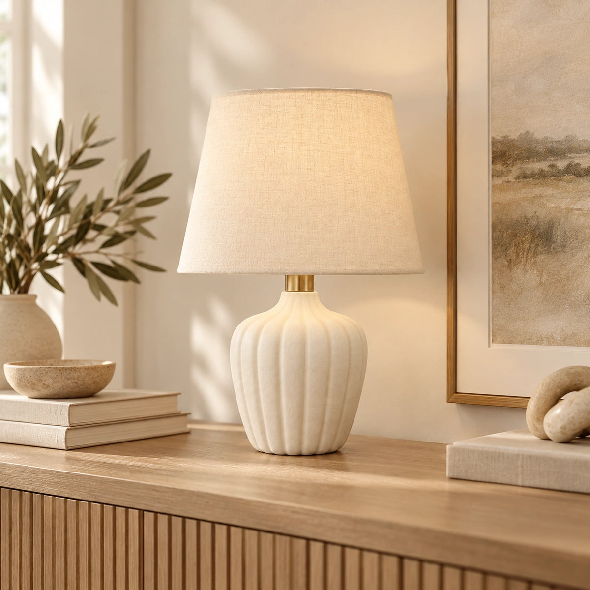 Luminária de mesa em cerâmica off-white e linho em home office escandinavo