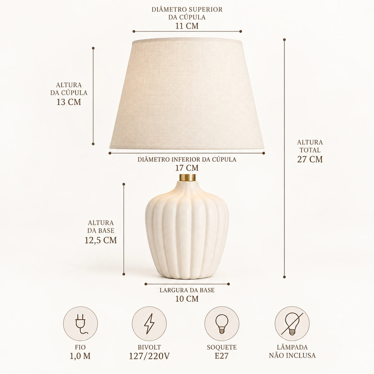 Infográfico com medidas da luminária de mesa em cerâmica e linho