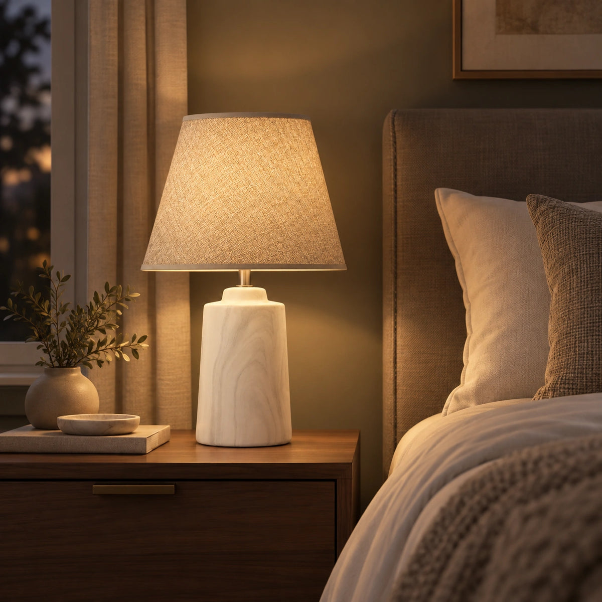 Luminária de mesa mineral acesa em quarto aconchegante com luz quente
