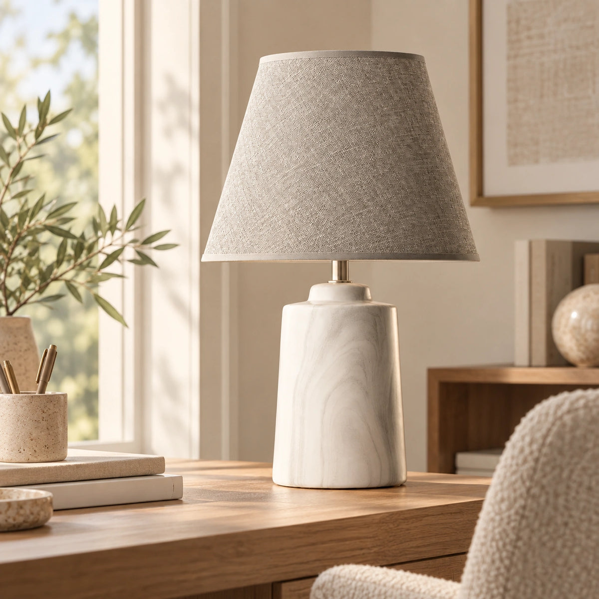 Luminária de mesa mineral em home office elegante com paleta neutra