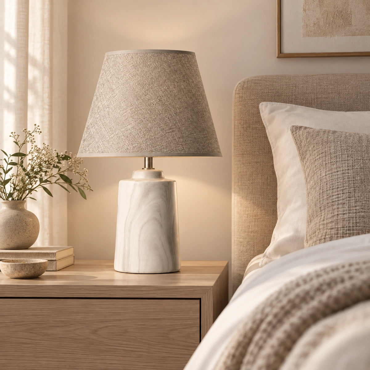 Luminária de mesa mineral em quarto neutro com decoração sofisticada e acolhedora