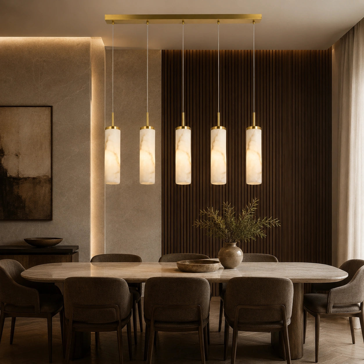 Lustre Linear Aurélia sobre mesa de jantar em ambiente premium