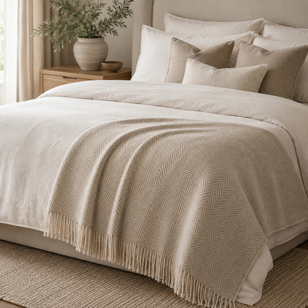 Manta Aveline aos pés da cama em quarto premium com decoração neutra