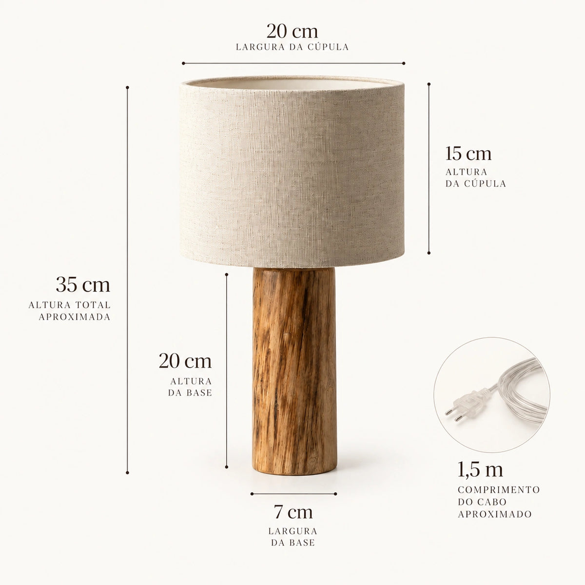 Medidas da Luminária de Mesa Céleste com 35 cm de altura total e cúpula de 20 cm