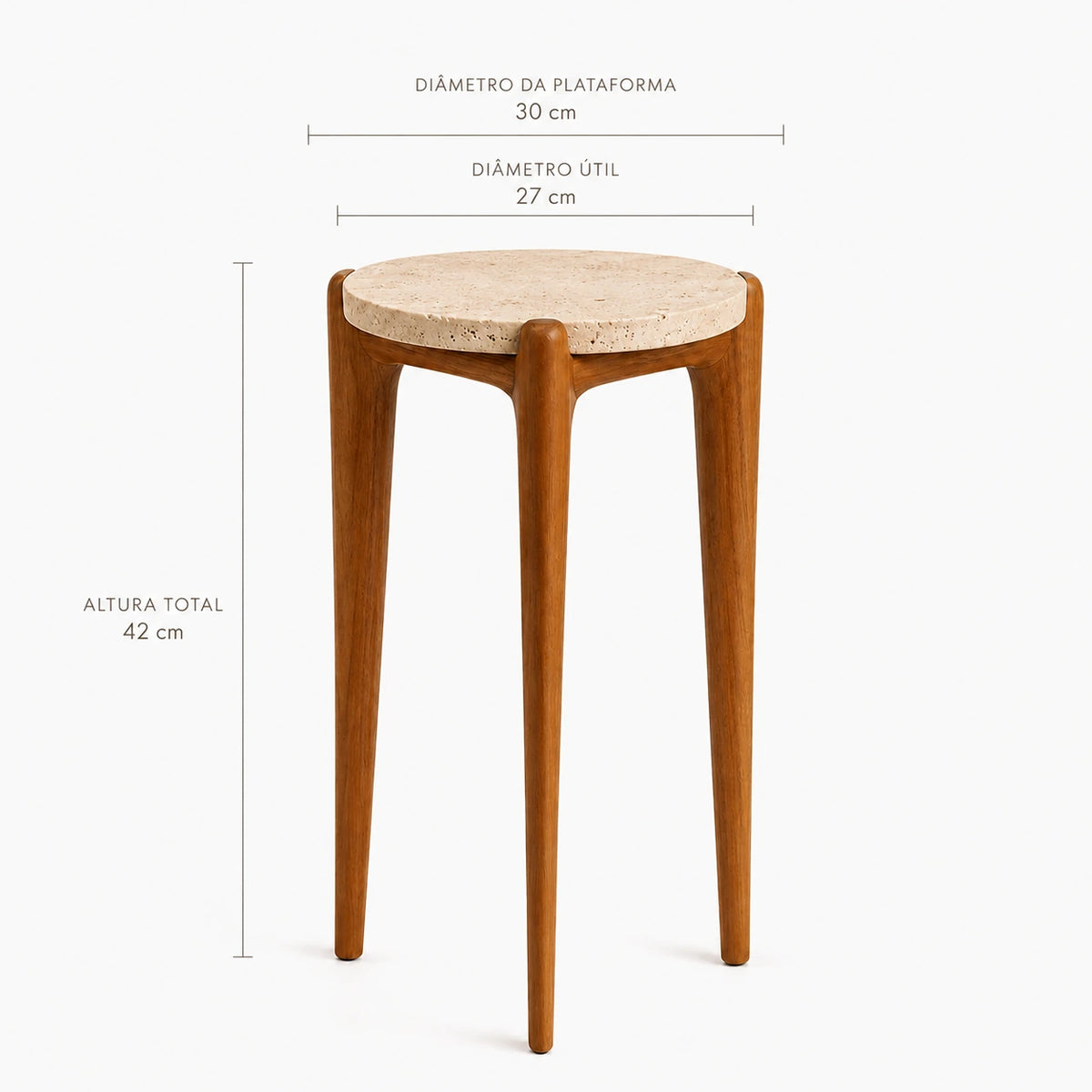 Dimensões do Suporte para Plantas Ayla com 42 cm de altura, plataforma de 30 cm e área útil de 27 cm