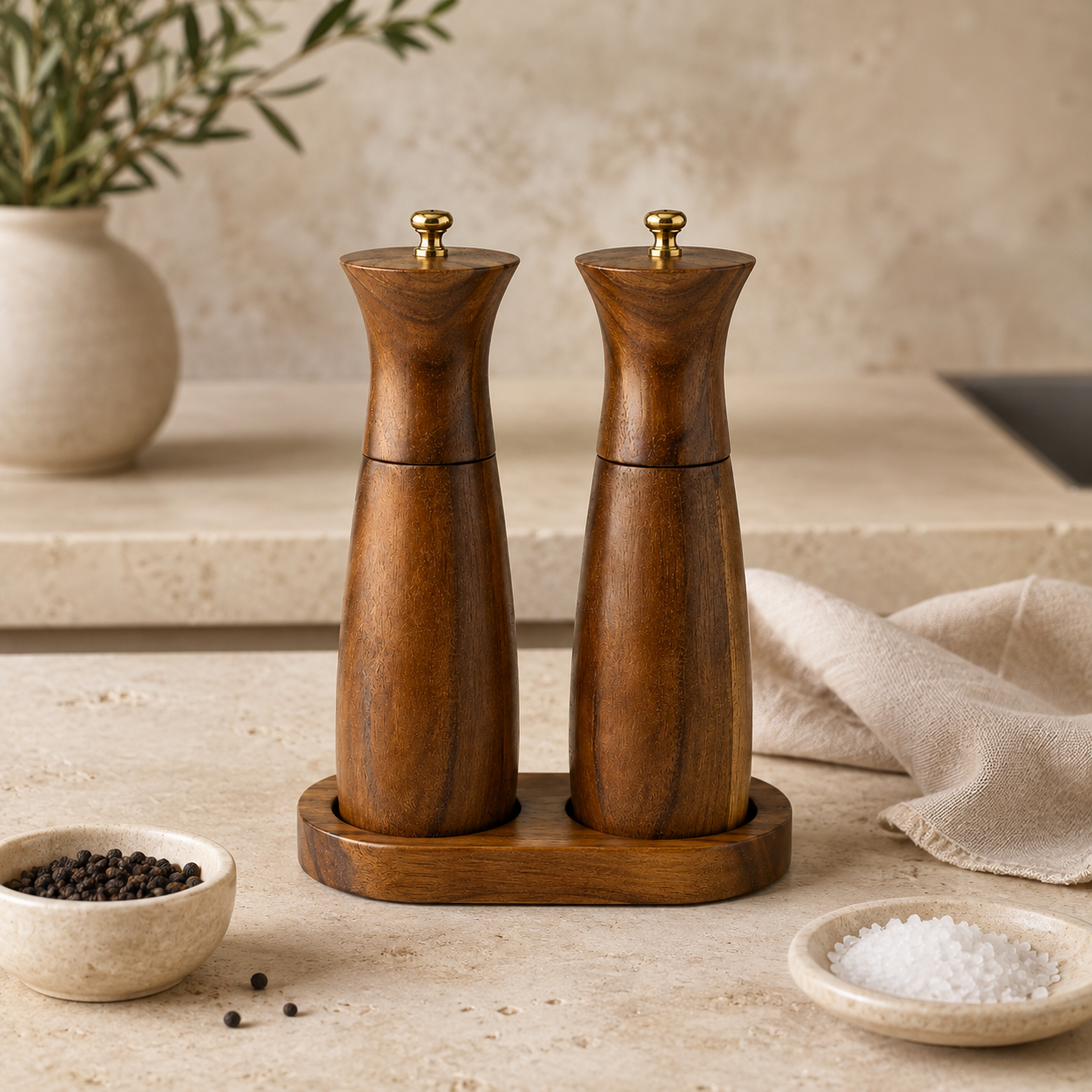 Conjunto de moedores Arven em cozinha premium com decoração neutra