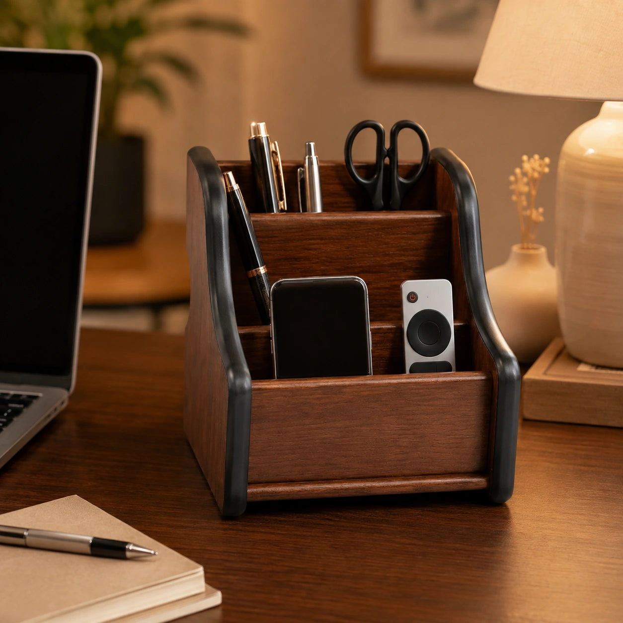 Organizador de mesa Armand com celular, controle e materiais de escritório em ambiente aconchegante