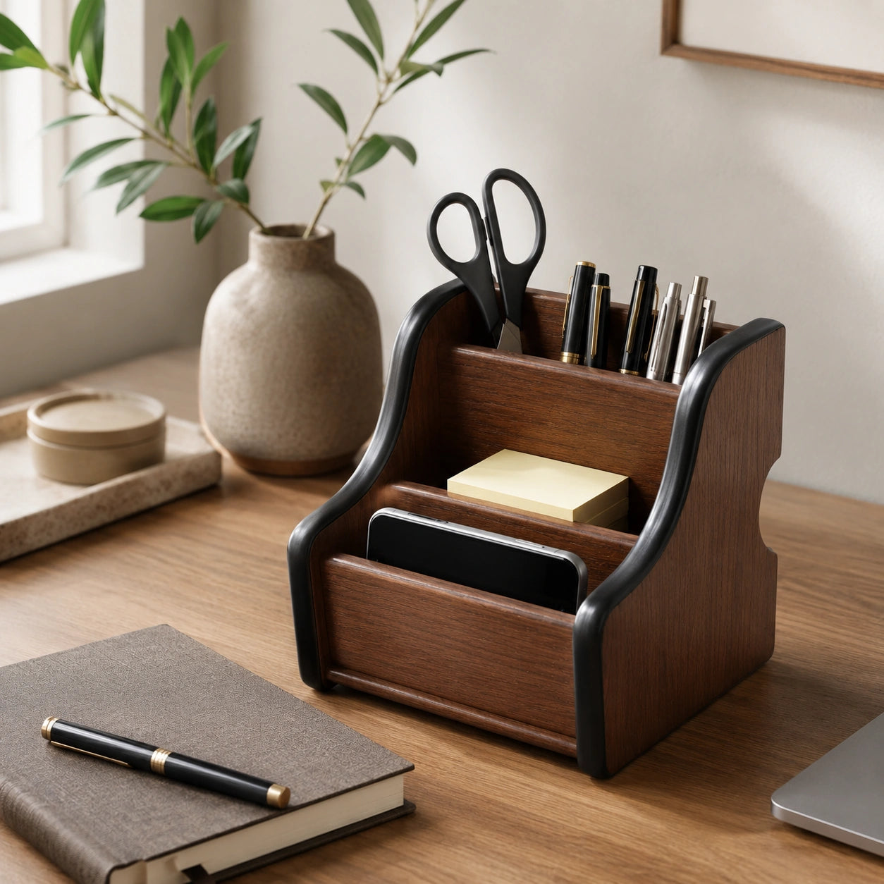 Organizador de mesa Armand com canetas, tesoura, bloco de notas e celular em home office