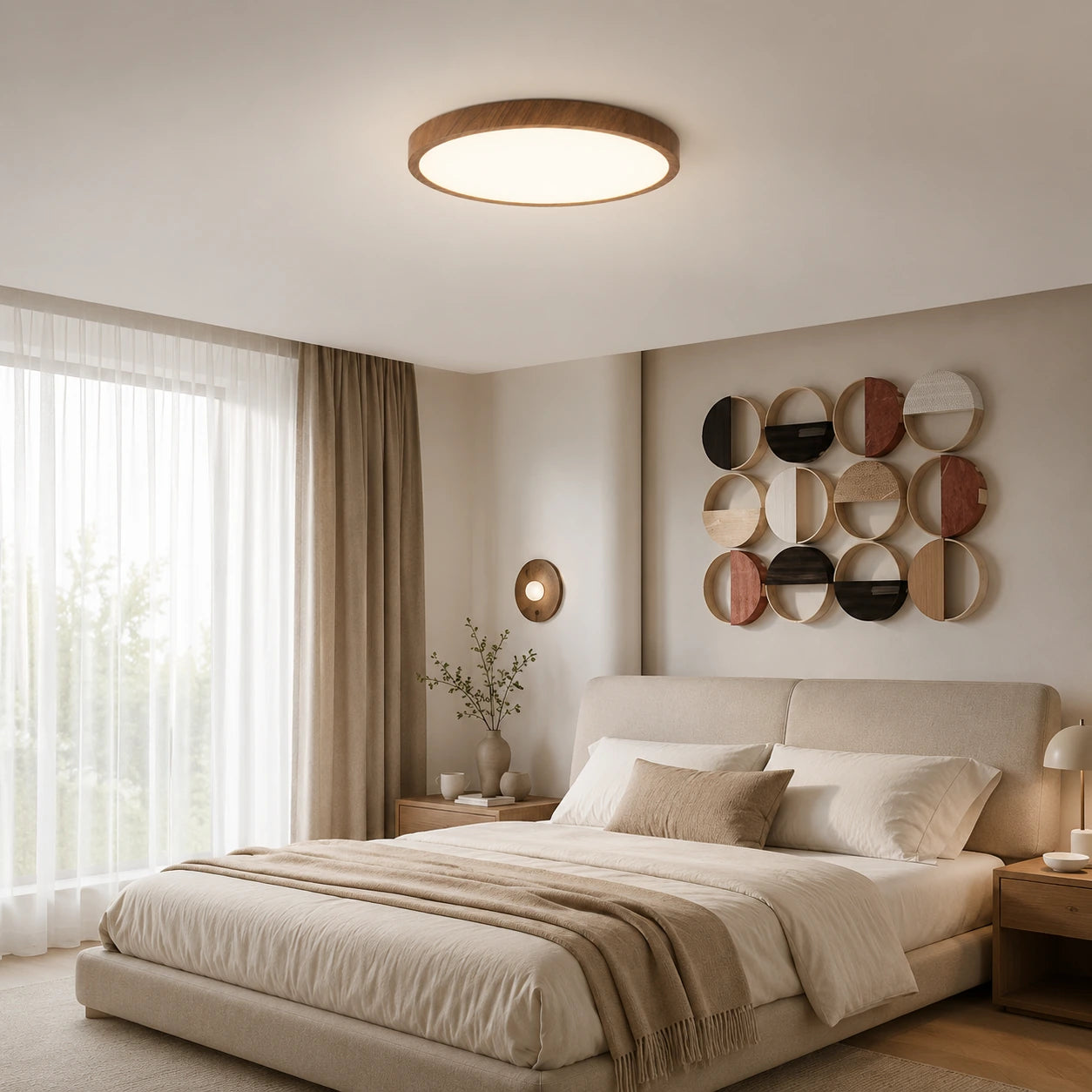 Plafon LED Liora instalado em quarto elegante com decoração neutra