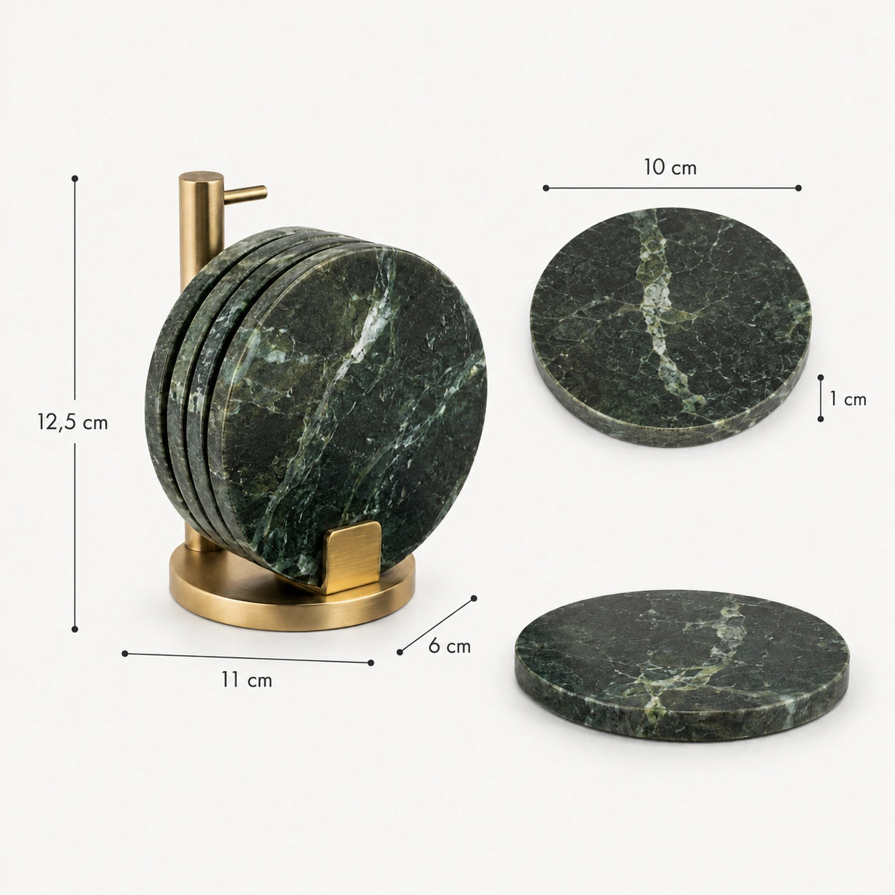 Dimensões do Porta-Copos Nola com 10 cm de diâmetro, 1 cm de espessura e suporte de 12,5 cm de altura