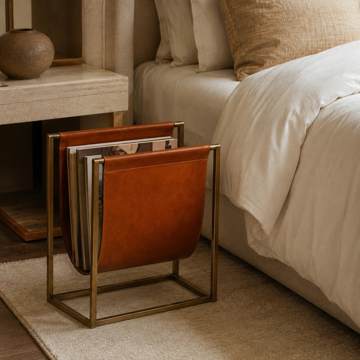 Porta-Revistas Élan ao lado da cama em quarto com decoração neutra