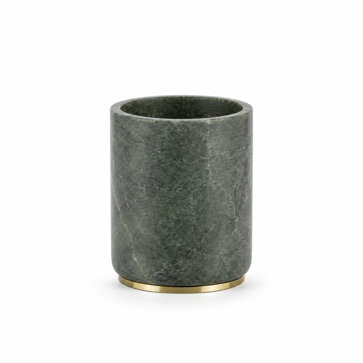 Porta-Utensílios Maíra em pedra natural verde com base em latão sobre fundo branco