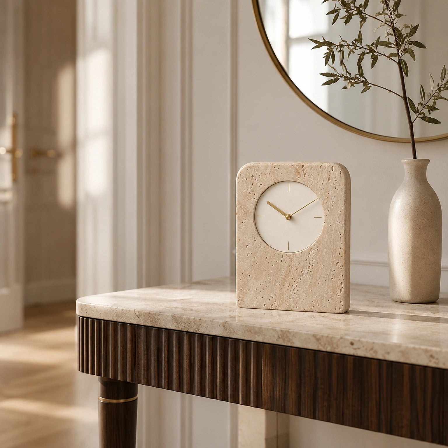 Relógio Aveline em aparador de hall elegante com decoração neutra