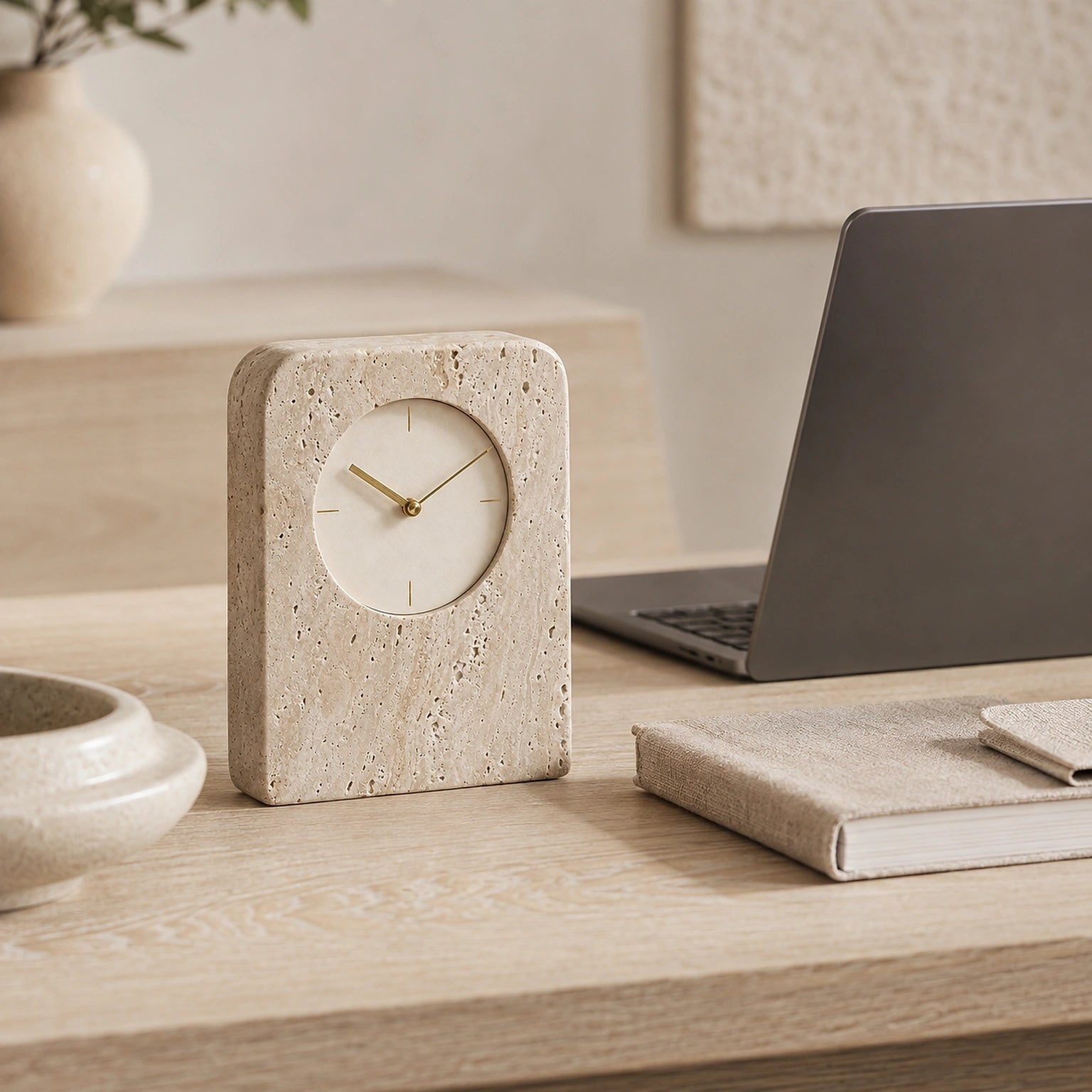 Relógio Aveline em travertino sobre mesa de home office premium