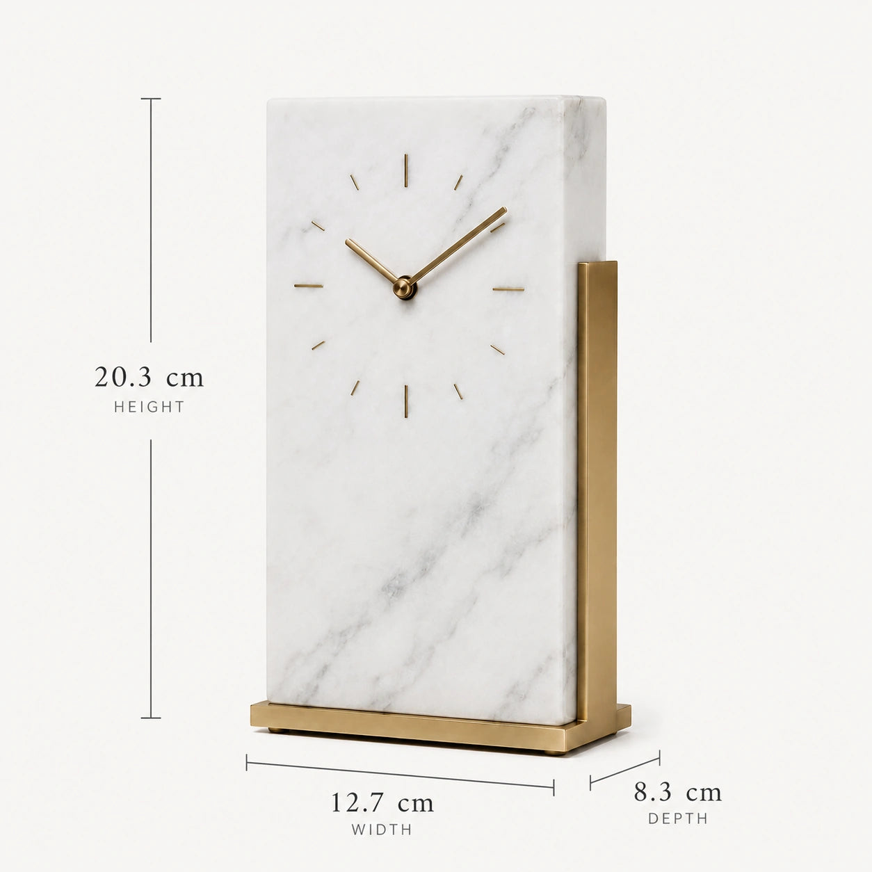Medidas do Relógio de Mesa Orsay com 20,3 cm de altura, 12,7 cm de largura e 8,3 cm de profundidade