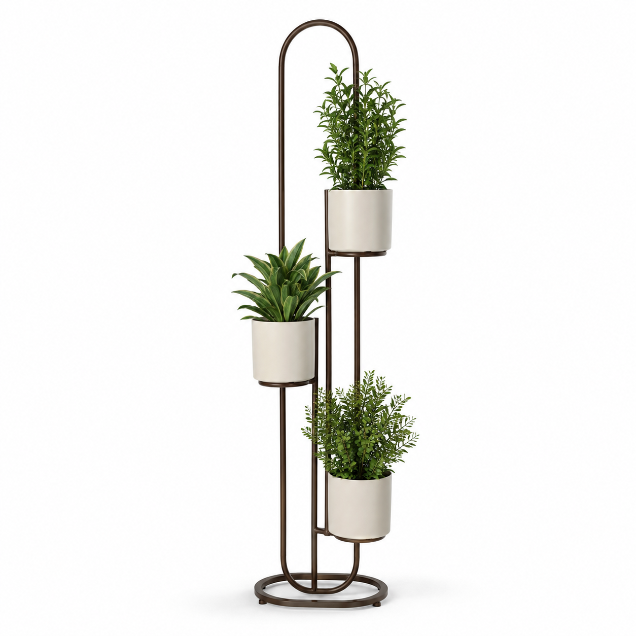 Suporte vertical para plantas com vasos removíveis em metal marrom e acabamento minimalista