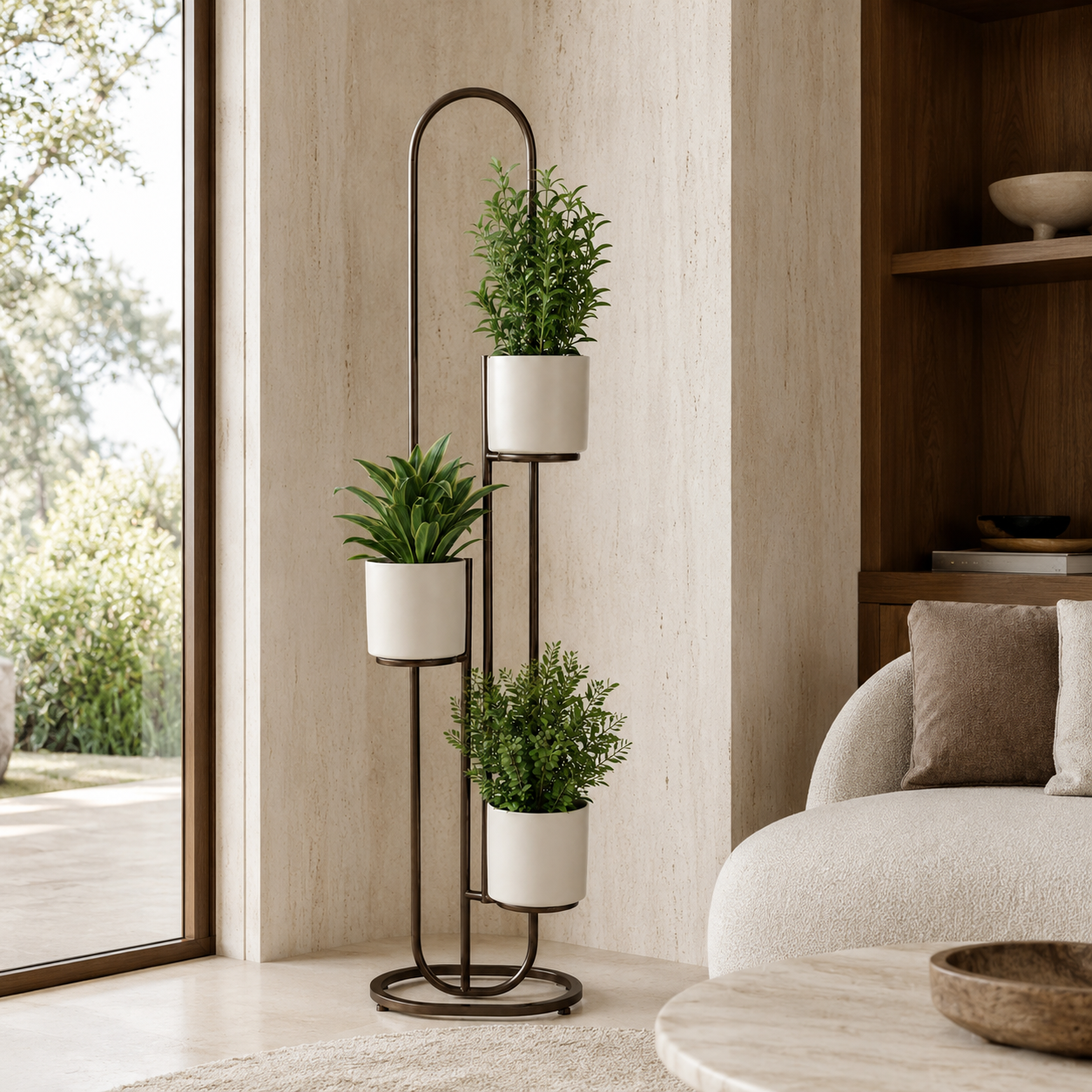 Suporte vertical para plantas em sala minimalista com luz natural e decoração contemporânea