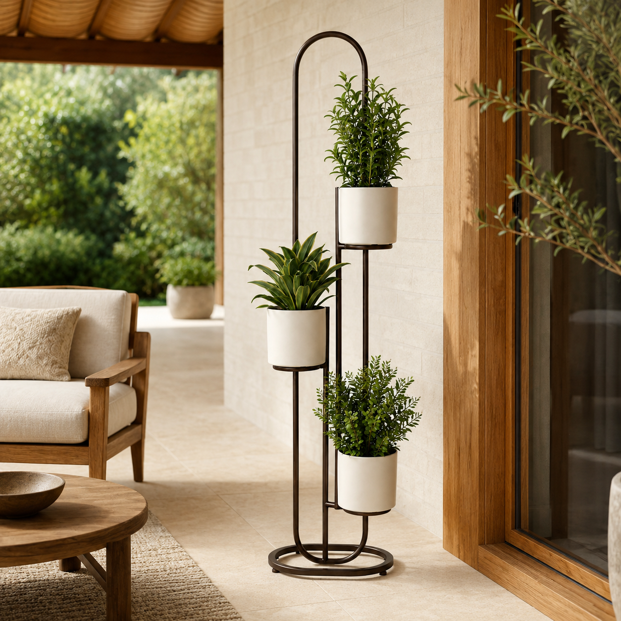Suporte vertical para plantas em varanda moderna com vasos neutros e folhagens naturais