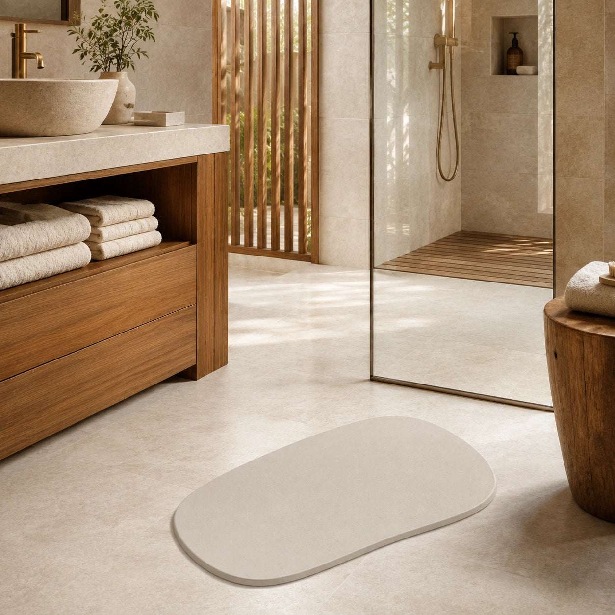 Tapete Mineral Nami em banheiro estilo spa com madeira natural, pedra clara e iluminação suave
