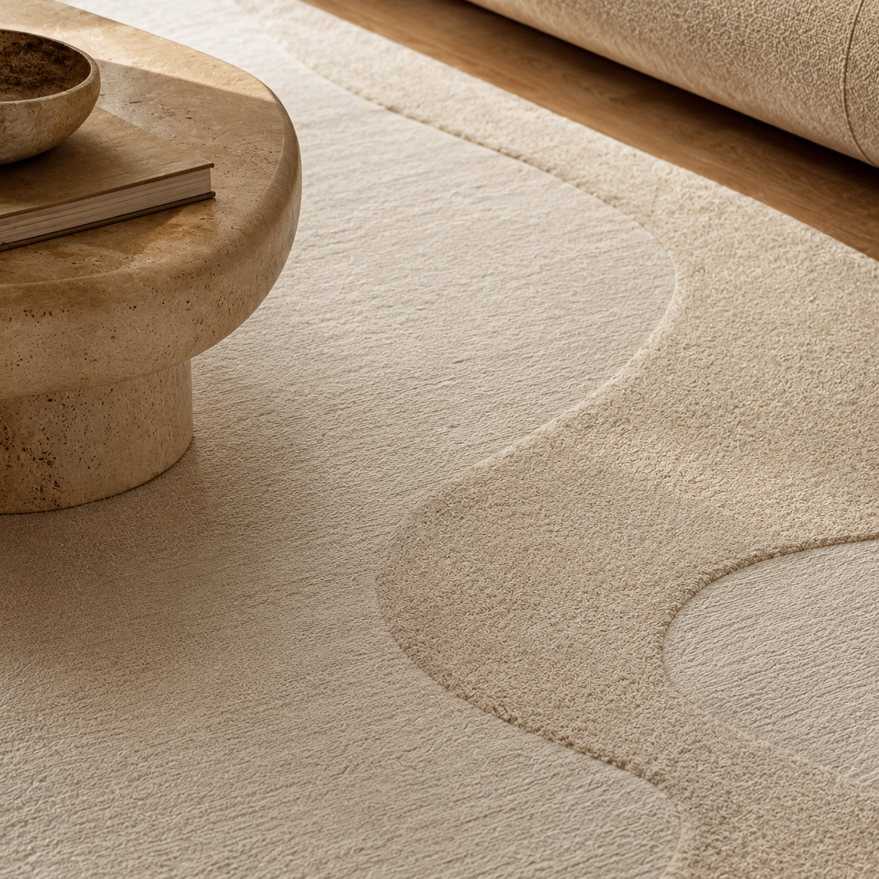 Detalhe da superfície do Tapete Sienne mostrando diferentes níveis de textura