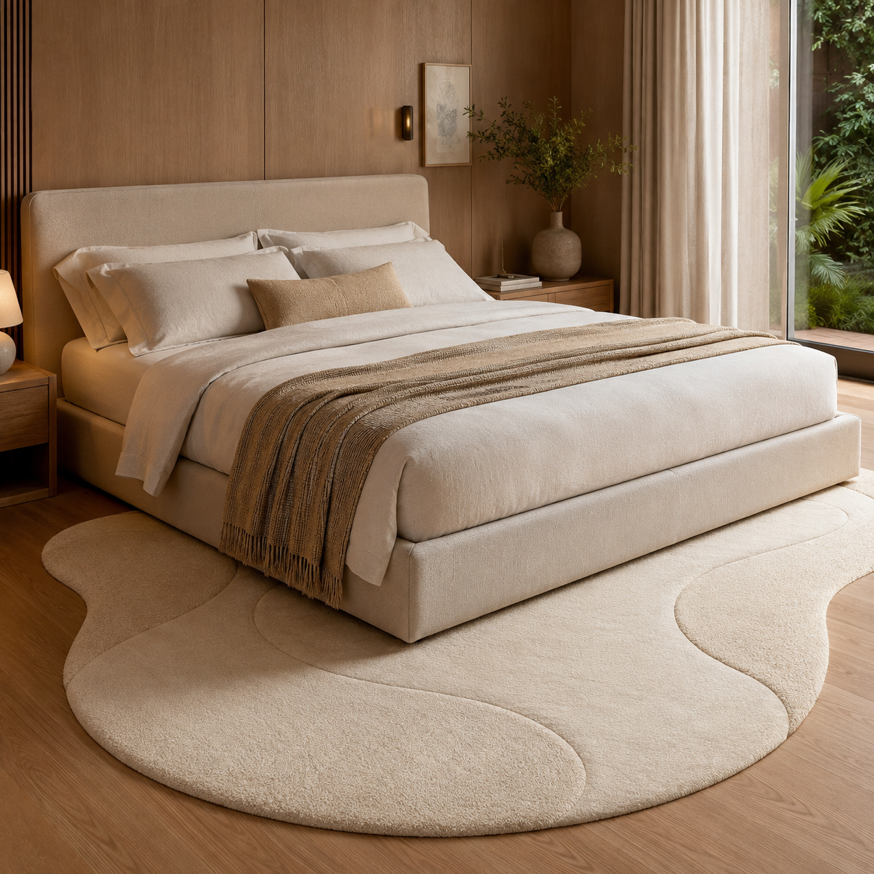 Tapete Sienne em quarto contemporâneo parcialmente posicionado sob a cama