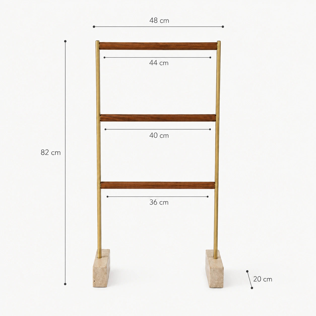 Dimensões do Toalheiro de Piso Alira com 82 cm de altura, 48 cm de largura e 20 cm de profundidade