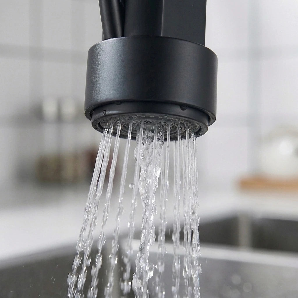 Detalhe do arejador da Torneira Gourmet Aveline preta fosca com fluxo de água uniforme