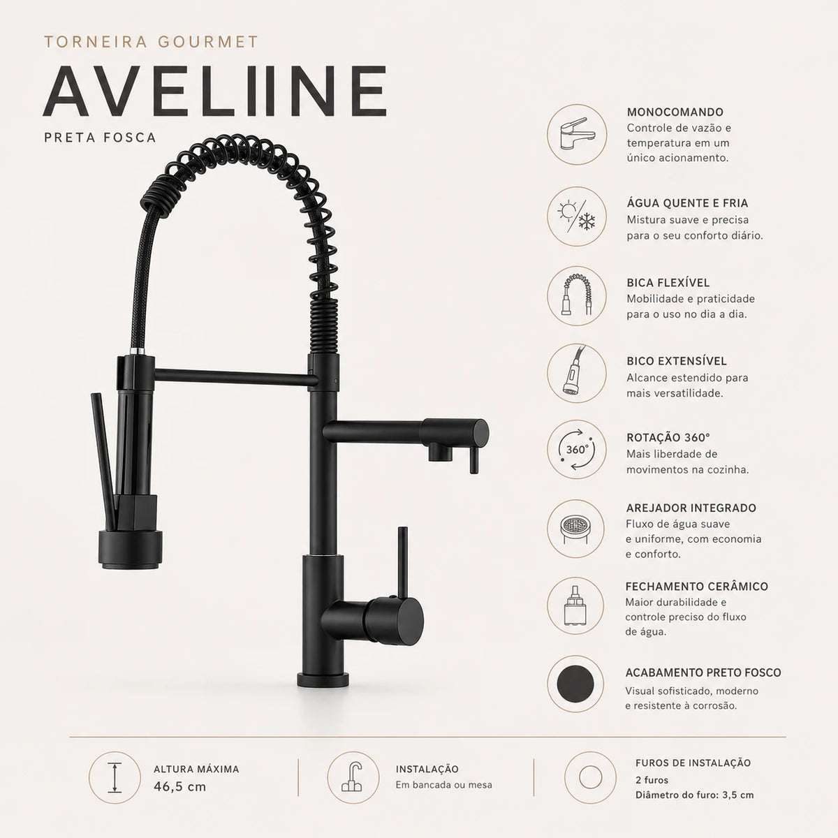 Ficha técnica da Torneira Gourmet Aveline preta com bica flexível extensível e sistema monocomando