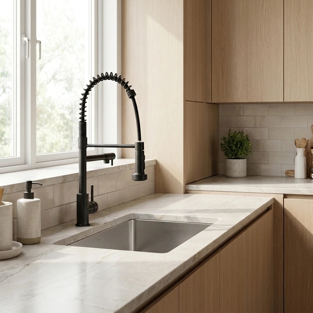 Torneira Gourmet Aveline preta fosca instalada em bancada de cozinha moderna com cuba de inox
