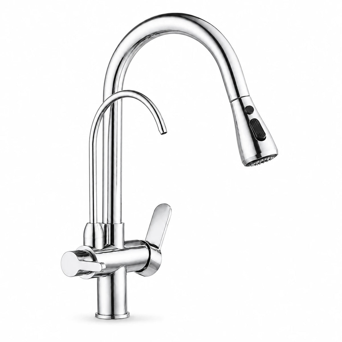 Torneira Gourmet Élora em cromado brilhante com filtro e ducha extensível sobre fundo branco