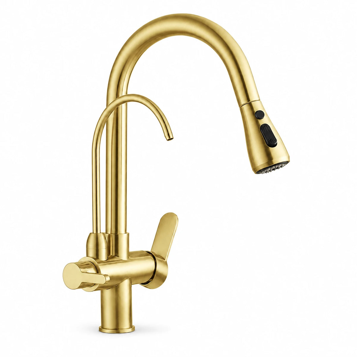 Torneira Gourmet Élora em dourado escovado com filtro e ducha extensível sobre fundo branco