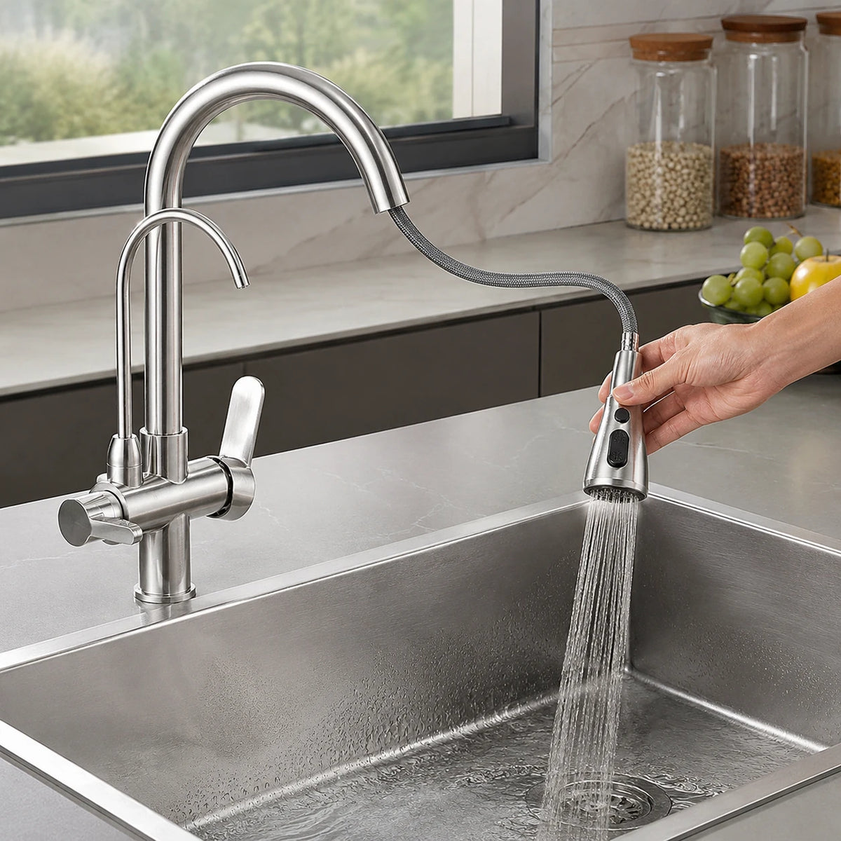 Pessoa utilizando a ducha extensível da Torneira Élora para limpar a cuba da cozinha