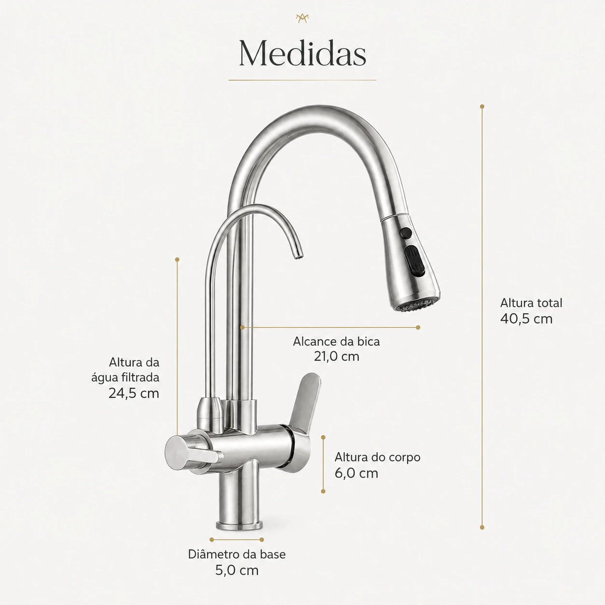 Medidas da Torneira Gourmet Élora com altura total alcance da bica e dimensões da base