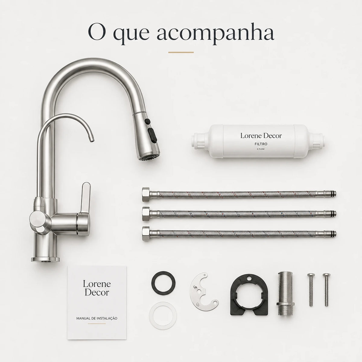 Torneira Élora com filtro mangueiras e acessórios que acompanham o produto