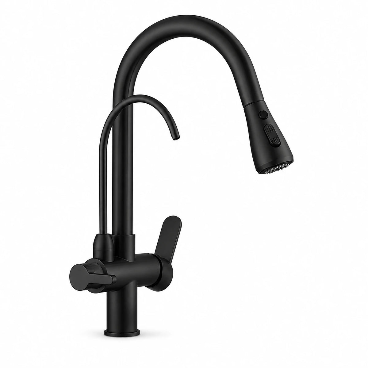 Torneira Gourmet Élora em preto fosco com filtro e ducha extensível sobre fundo branco