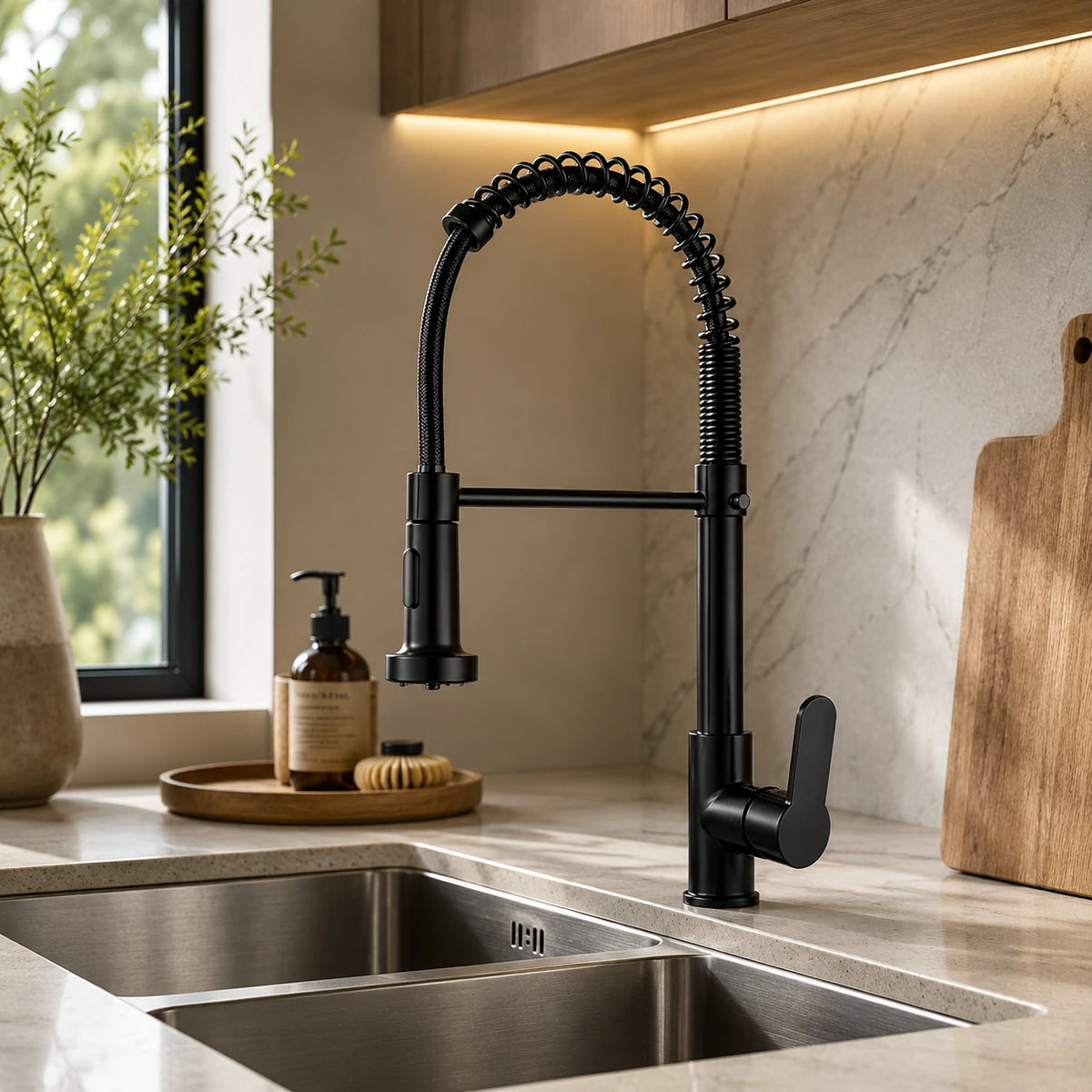 Torneira Gourmet Vellora preta instalada em cozinha moderna com bancada de pedra