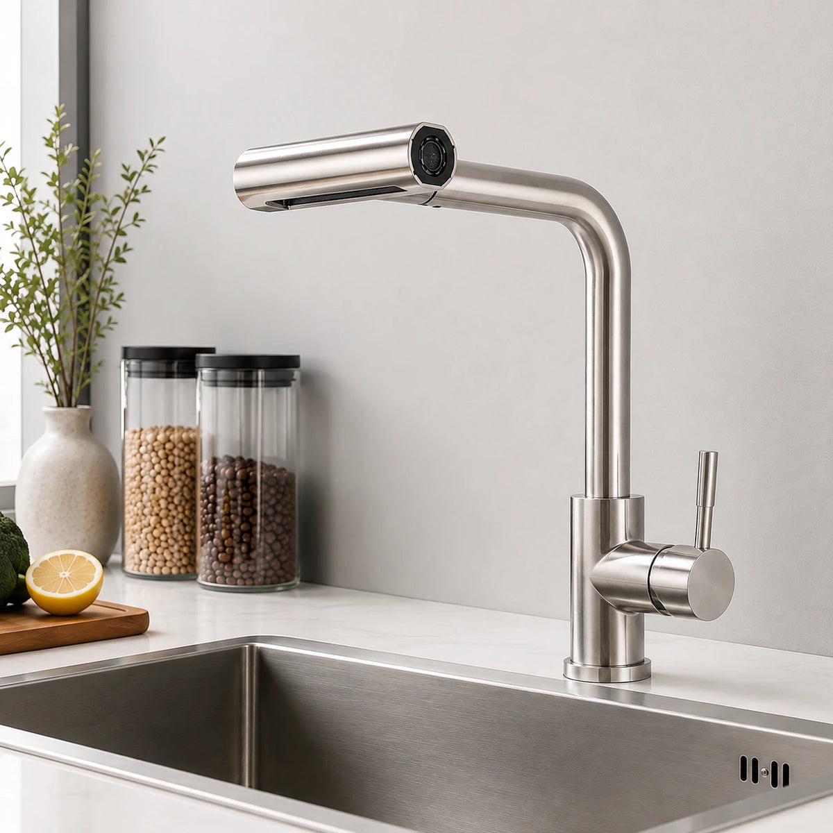 Torneira gourmet Rivelle em inox 304 instalada em cozinha contemporânea