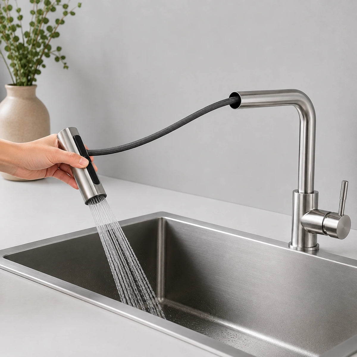 Torneira Rivelle com ducha extensível mostrando o alcance para uso na cozinha