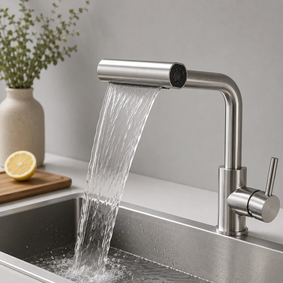 Torneira gourmet Rivelle em inox 304 funcionando no modo jato cascata
