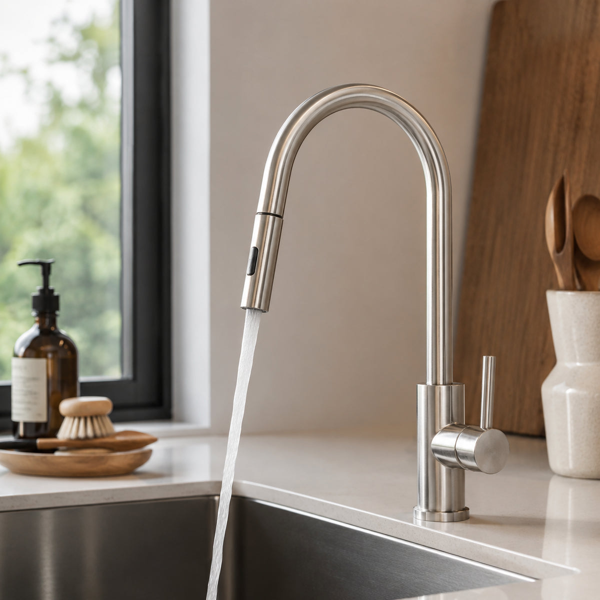 Torneira Rivelle em aço inox escovado instalada em cozinha moderna