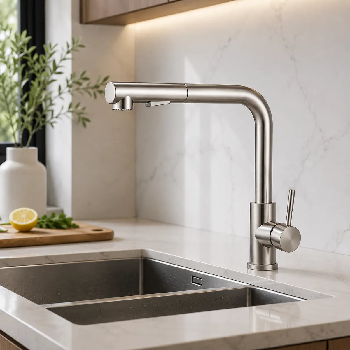 Detalhe do acabamento e ducha Pull-Out da Torneira Savelle