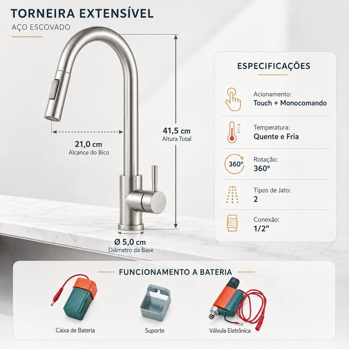 Ficha técnica da Torneira Sienne Touch em aço escovado com medidas conexão e sistema a bateria